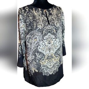 Rose And Olive Tunic Flowy Crepe Black‎ And White Floral Paisle Flowy Sz 1X